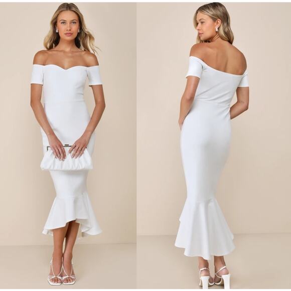 Lulus How Much I Care Ivory Off-the-Shoulder Midi Dress Mermaid Wedding Bride S - Picture 1 of 5